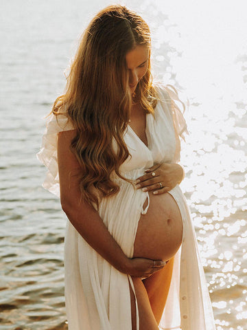 White Deep V Neck Button Down Boho Beach Bikini Cover Up Dress Party Photoshoot Maternity Dress Maternity